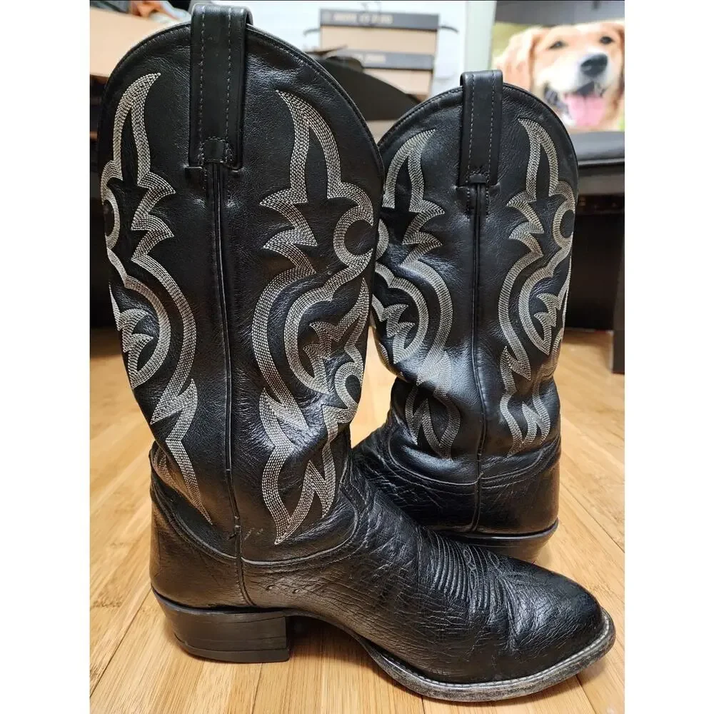 Tony Lama Genuine Ostrich Skin Western Cowboy Boots Black Mens Size 9.5 EE WIDE